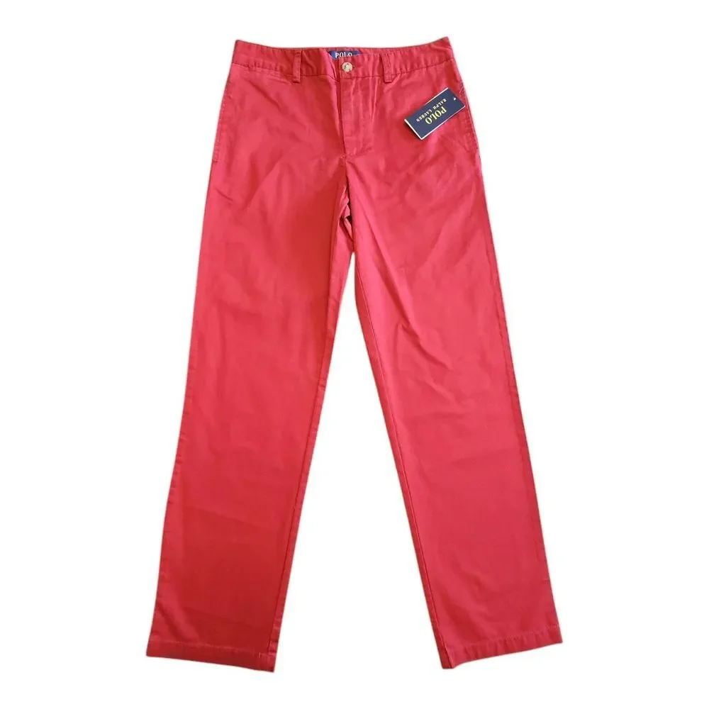 NWT Polo Ralph Lauren Chino Pants Boys 14 Red Flat Front Slash Pocket Cotton
